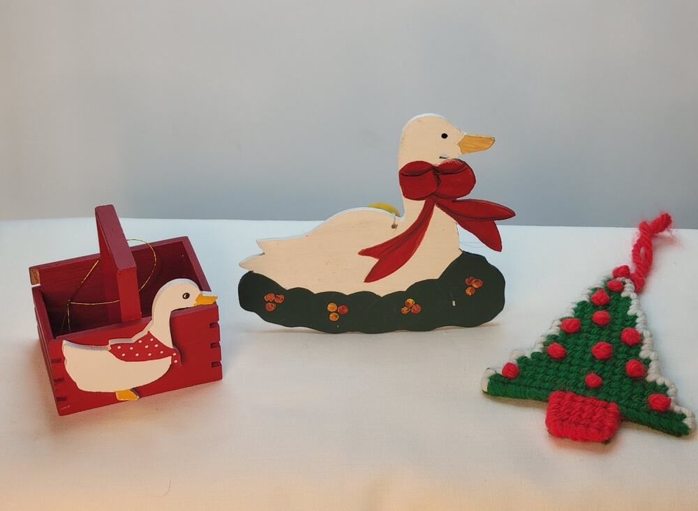 Vintage Christmas Ornaments Duck Goose Tree Wood Plastic Canvas Basket Lot